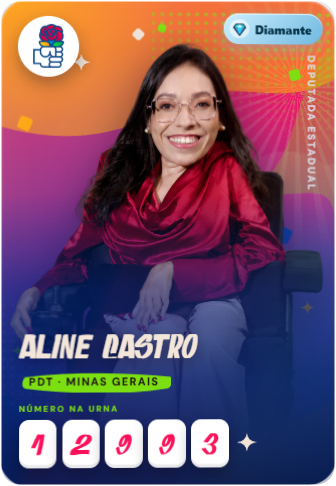Cardinho de Aline Castro: foto da Aline, PDT Minas Gerais e o número 12993 na urna.
